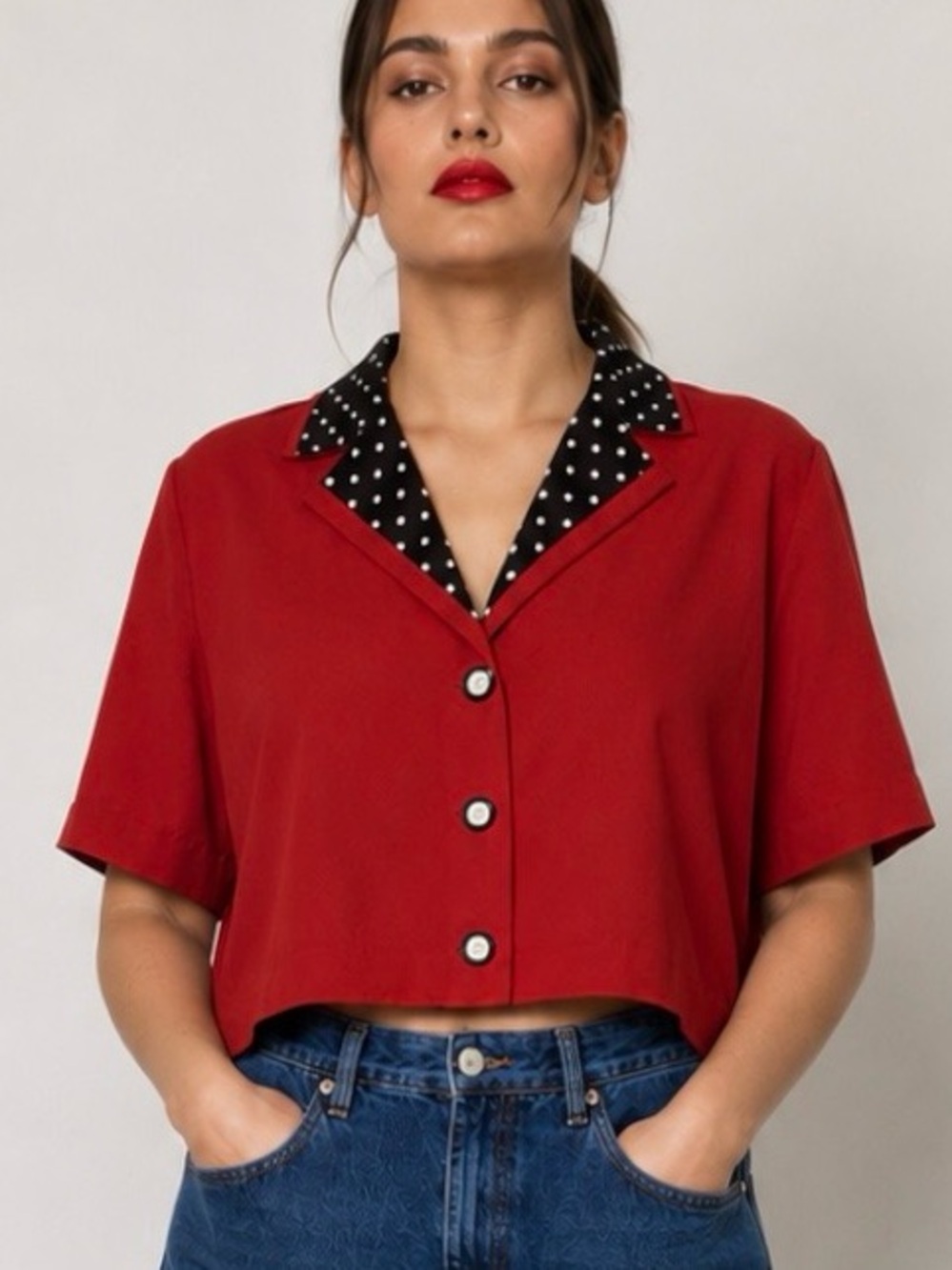 Cropped red & navy w polka dots crop blazer top. Retro rockabilly Jacket top 10
